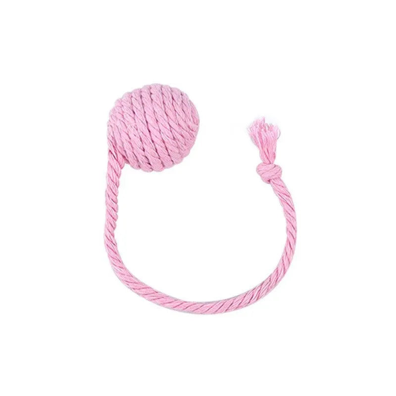 Colourful cat toy ball with rope and built-in bell available in green pink purple yellow for kittens