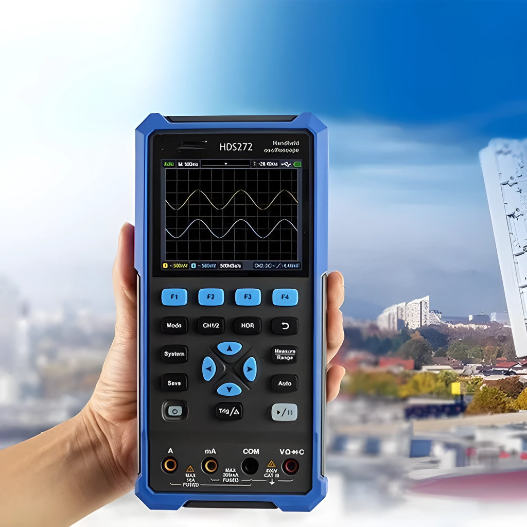 Owon HDS272 handheld digital oscilloscope with accessories including probes, multimeter pen, and portable bag
