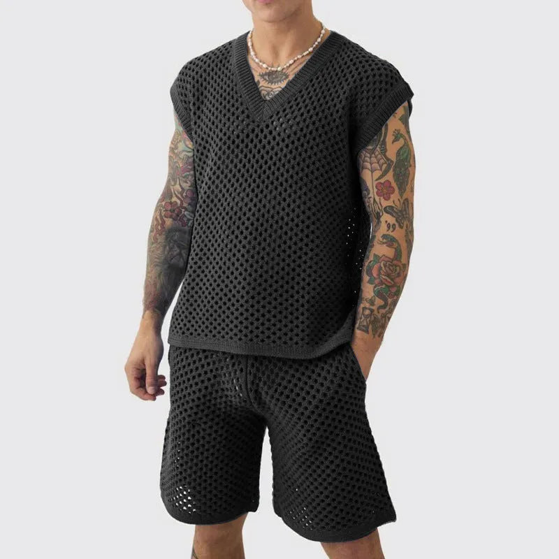 Men's blue V-neck sleeveless vest and matching shorts sports suit on a hanger