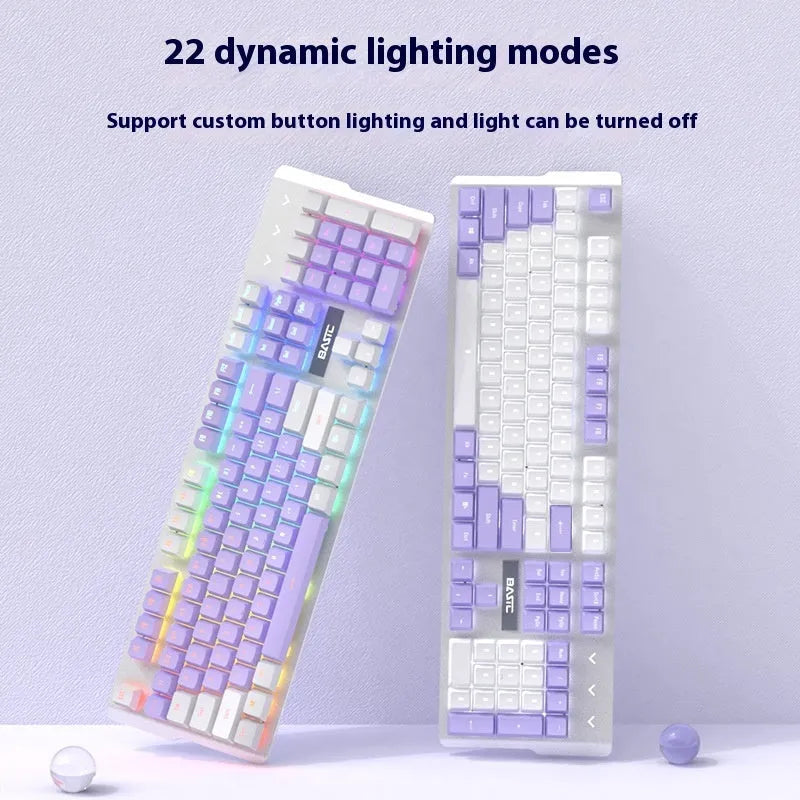 White and purple mechanical keyboard and mouse wired combo set with backlight illumination