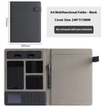 Leather A4 business folder in black showing document, pen, and notepad compartments