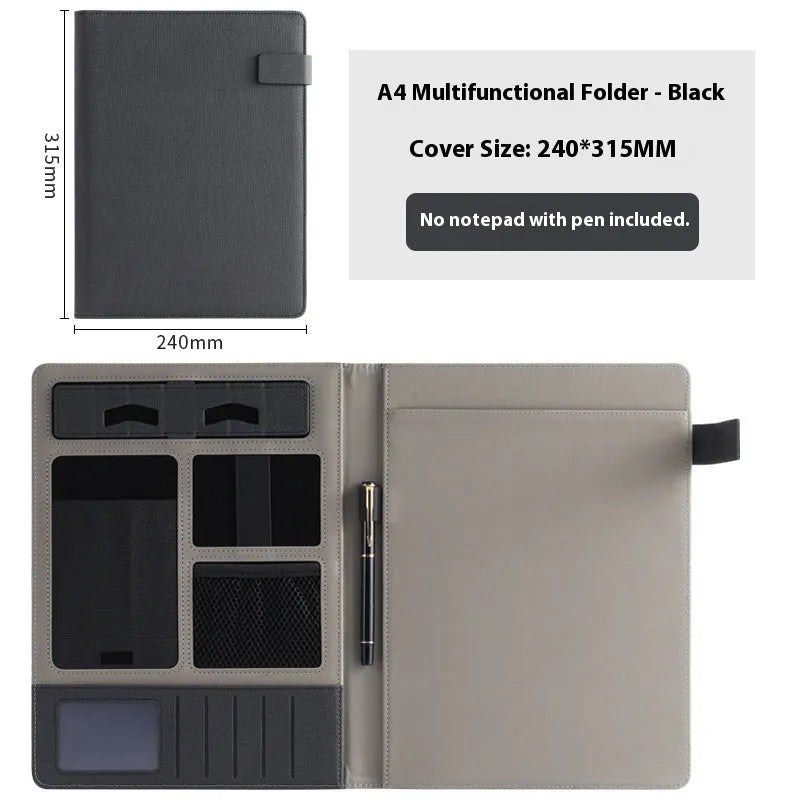 Leather A4 business folder in black showing document, pen, and notepad compartments