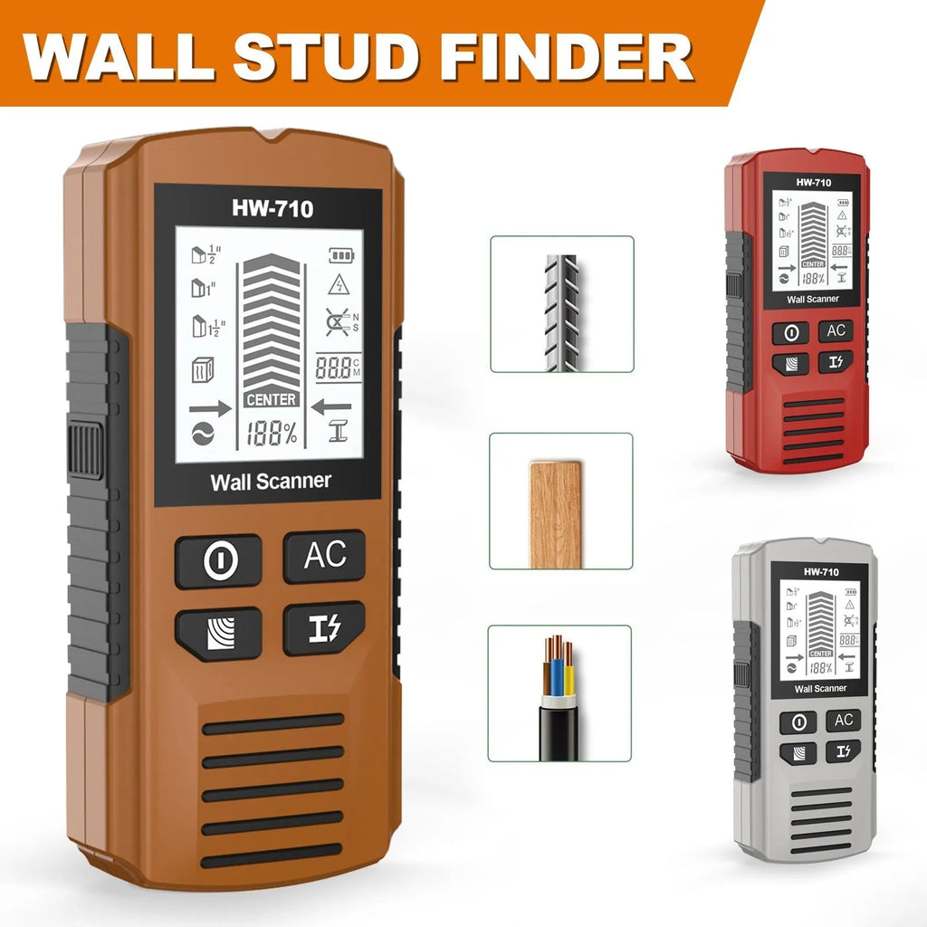 Multifunctional perforated inner wire wall detector in yellow, 174x76x41mm handheld scanner on white background