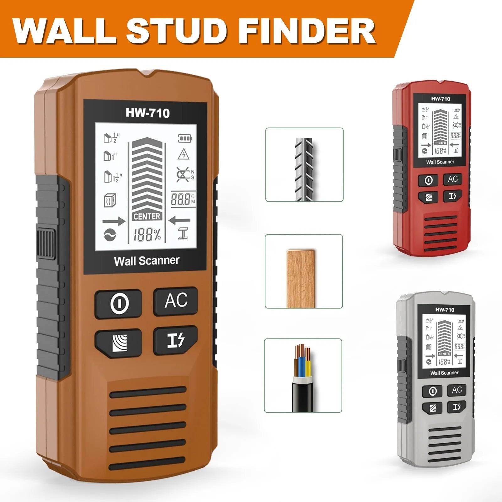 Multifunctional perforated inner wire wall detector in yellow, 174x76x41mm handheld scanner on white background