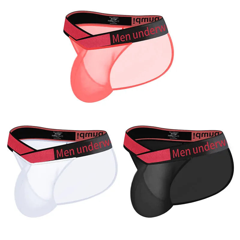 Men's black ice silk nylon briefs with low waist and V-gradient high fork design on a white background.