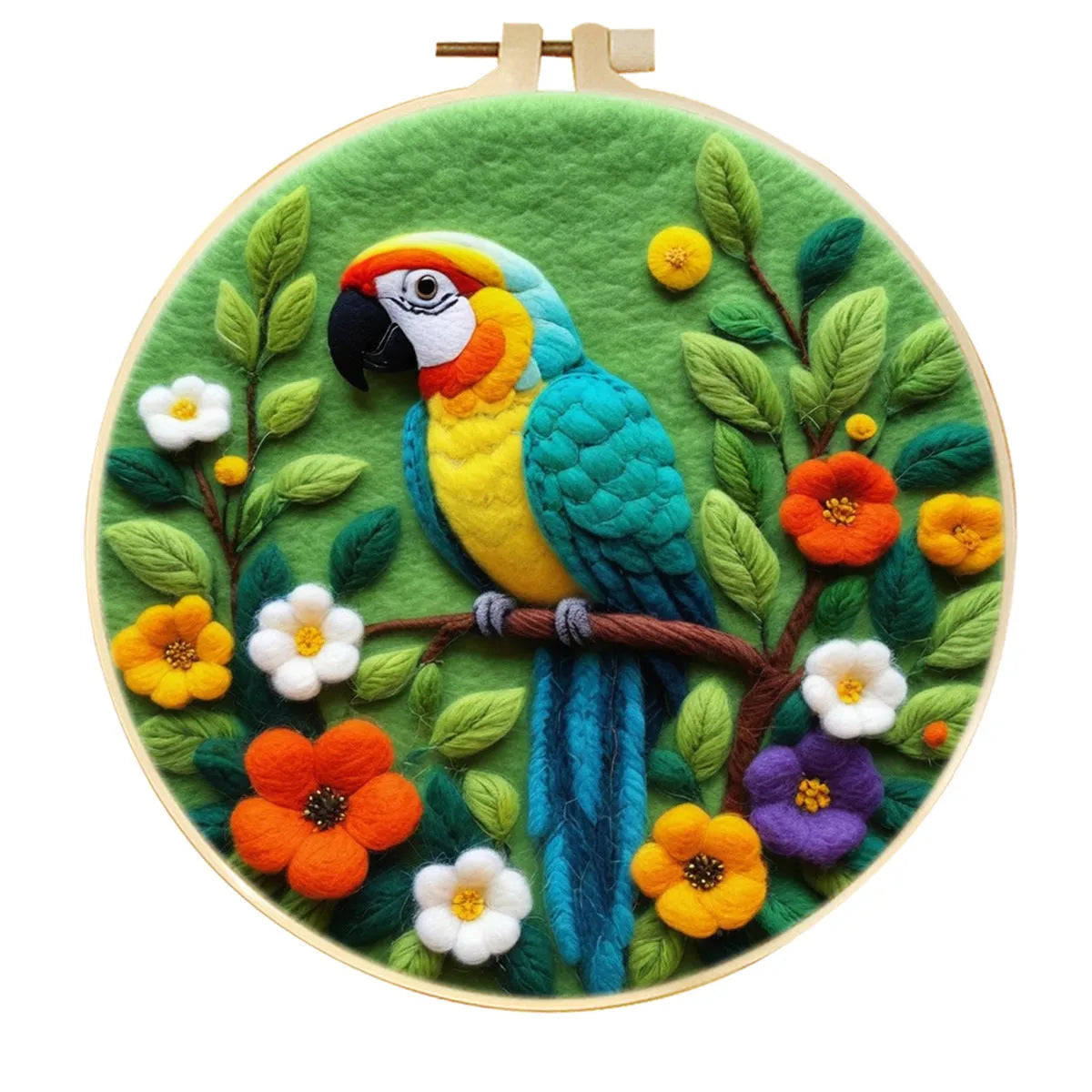 Round 20x20 cm linen embroidery kit with wool felt pieces for floral design and included embroidery frame.