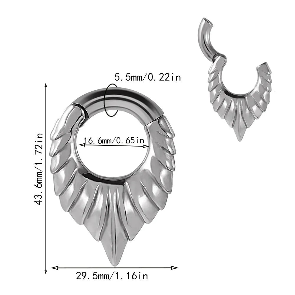 Stainless steel drop-shaped ear extender with round hanging egg and totem pattern detail.