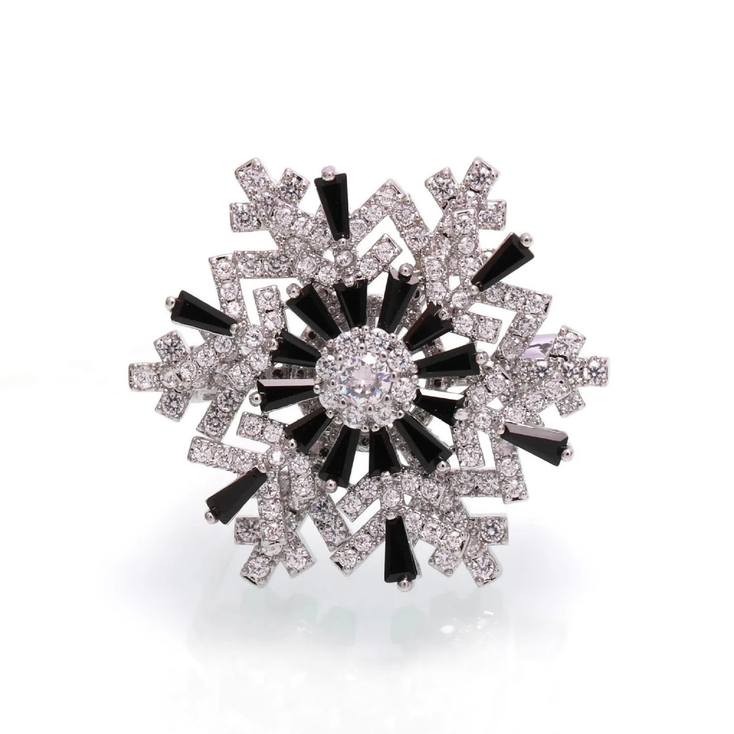 Luxury spinning snowflake brooch in alloy with diamond treatment, rotating silver snow crystal white, women's pin