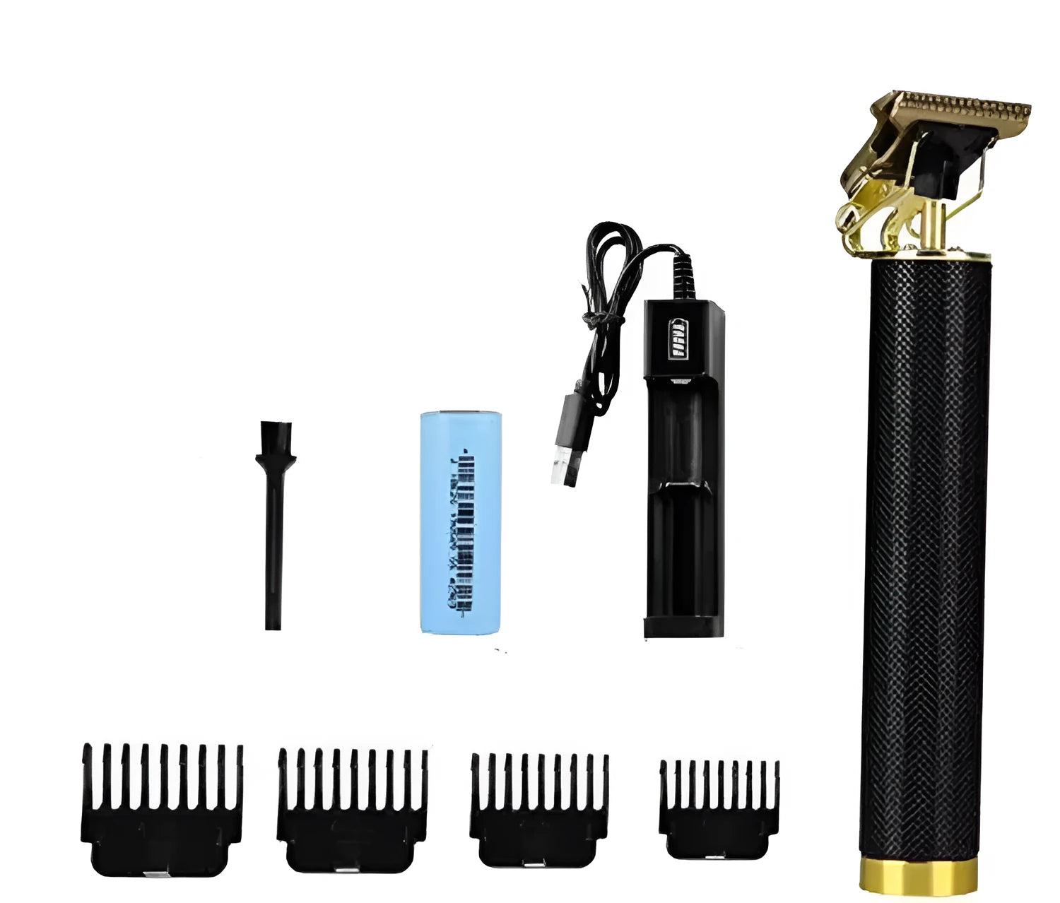 Black rechargeable electric hair clipper with gold steel blades, four comb attachments, and cleaning brush