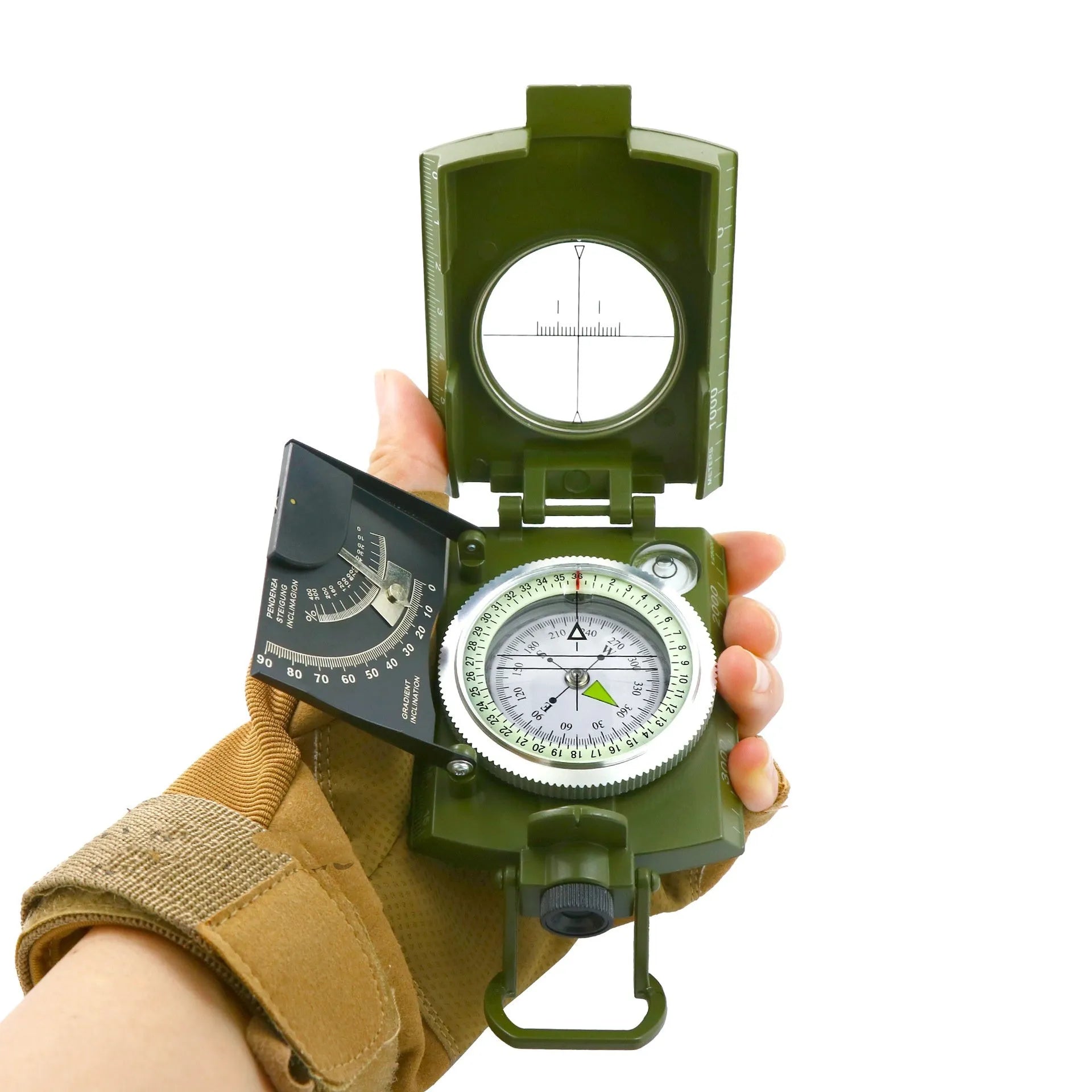 K4074 metal and ABS outdoor compass with hanging rope, shown with dimensions 10 by 6.6 by 3.1 cm.