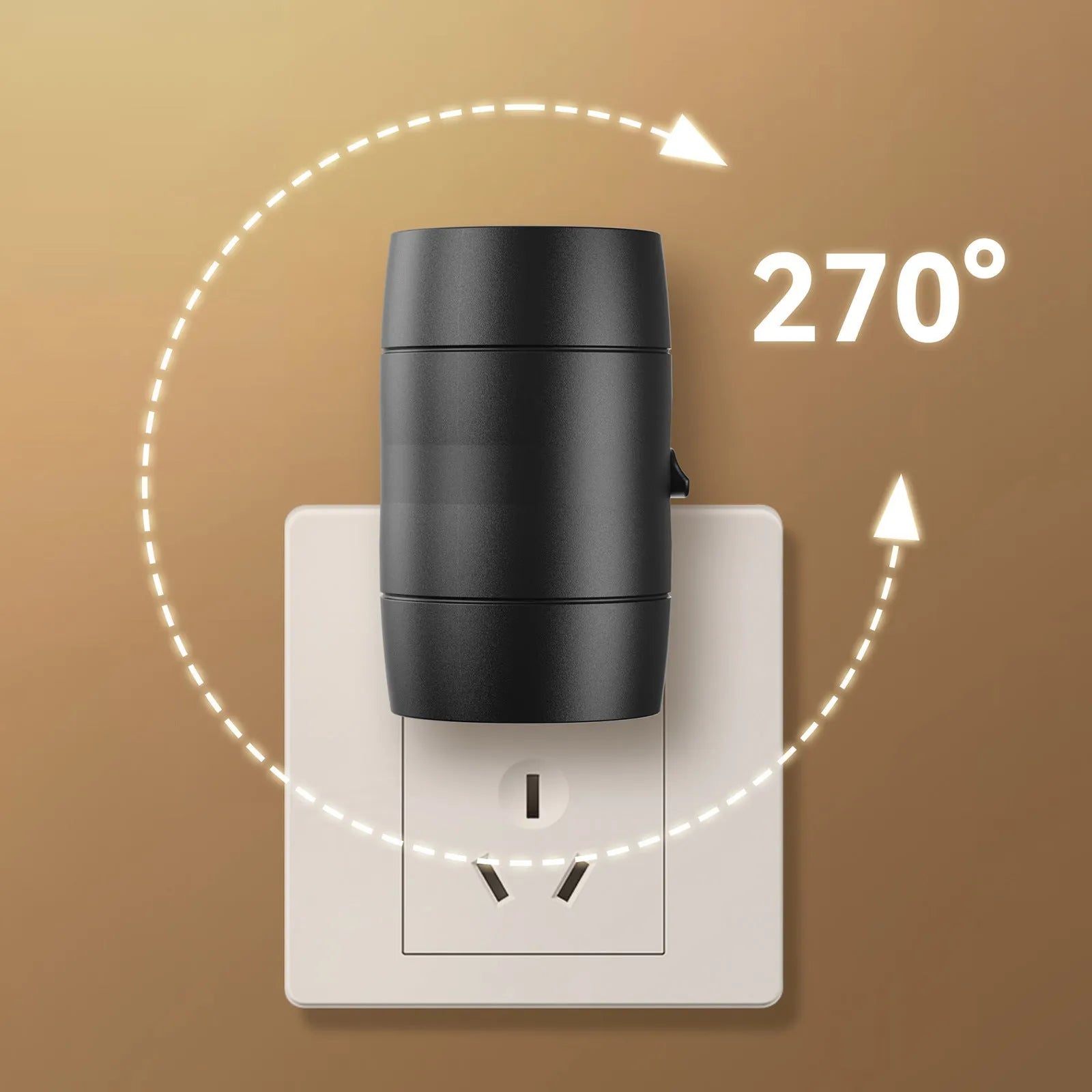 White plug-in adjustable night lamp with a rotatable light head, shown next to a power socket.