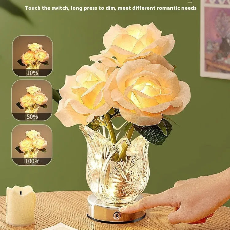 Modern crystal flower design bedside lamp with touch dimming control on a wooden table.