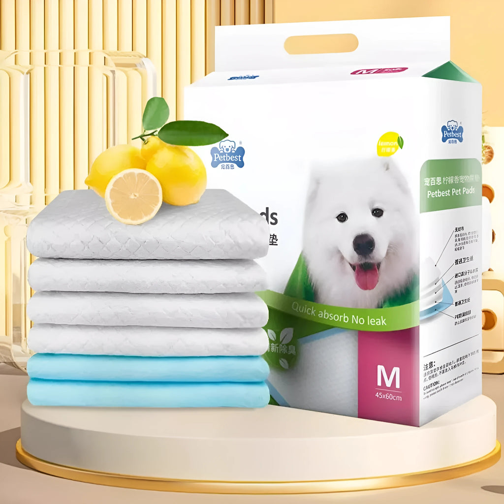 Pack of thickened dog urine pads showing adhesive backing and size options