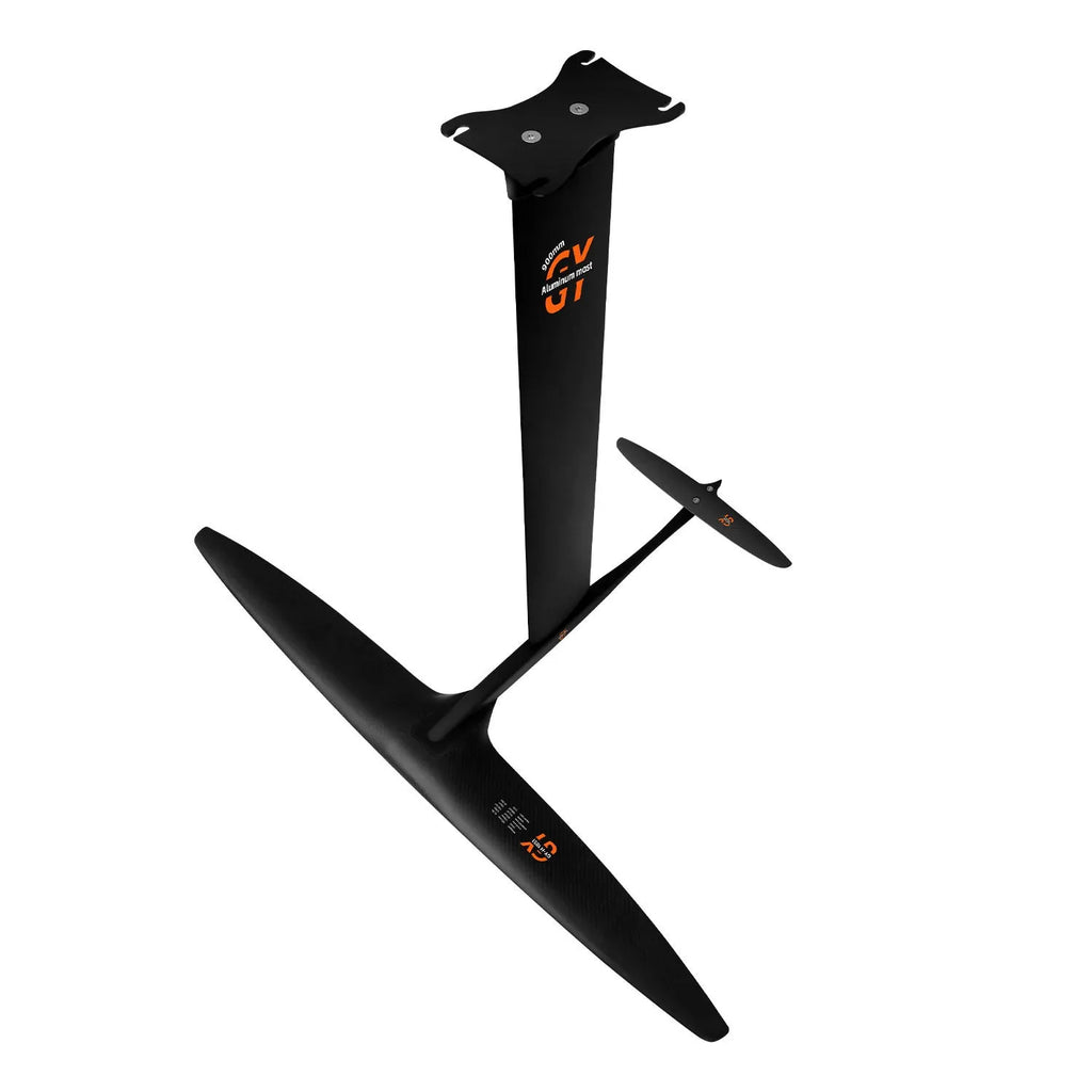 Black carbon fibre and aluminium hydrofoil with 1051mm front wing for racing and surfing