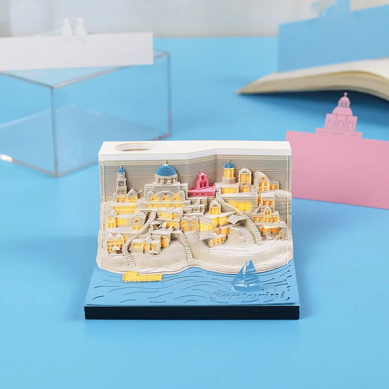 Romantic Santorini 3D notepad paper carving decoration 9x9x5cm 166 pages