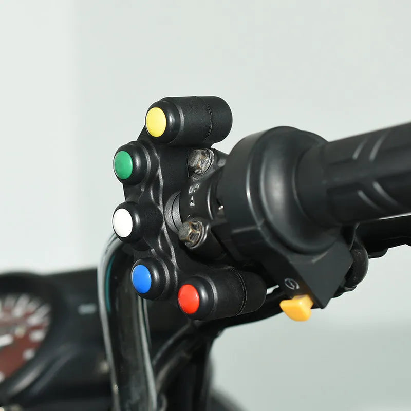 Five-position vehicle rotary switch with red, yellow, blue, green, white buttons for accessory control