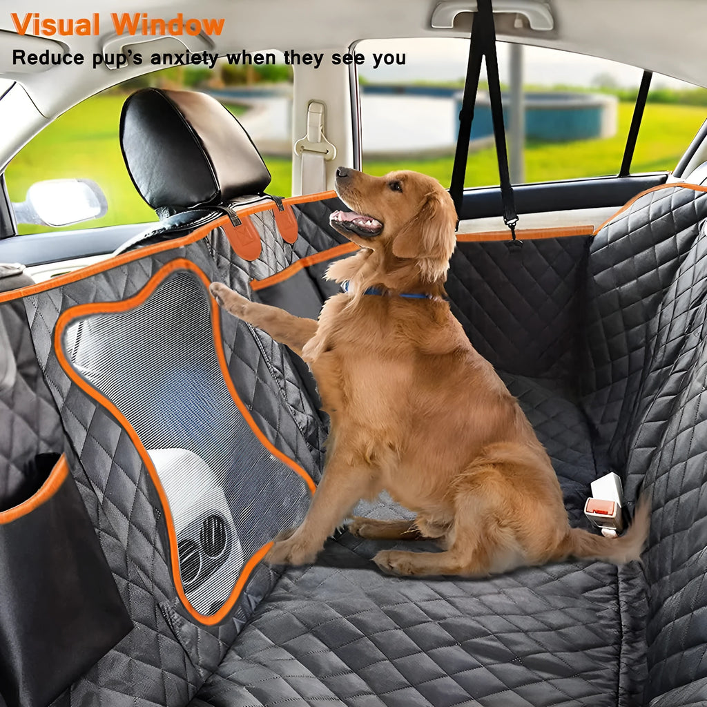 Black and orange edged waterproof dog car seat cover laid out, showing mesh window and storage pockets.