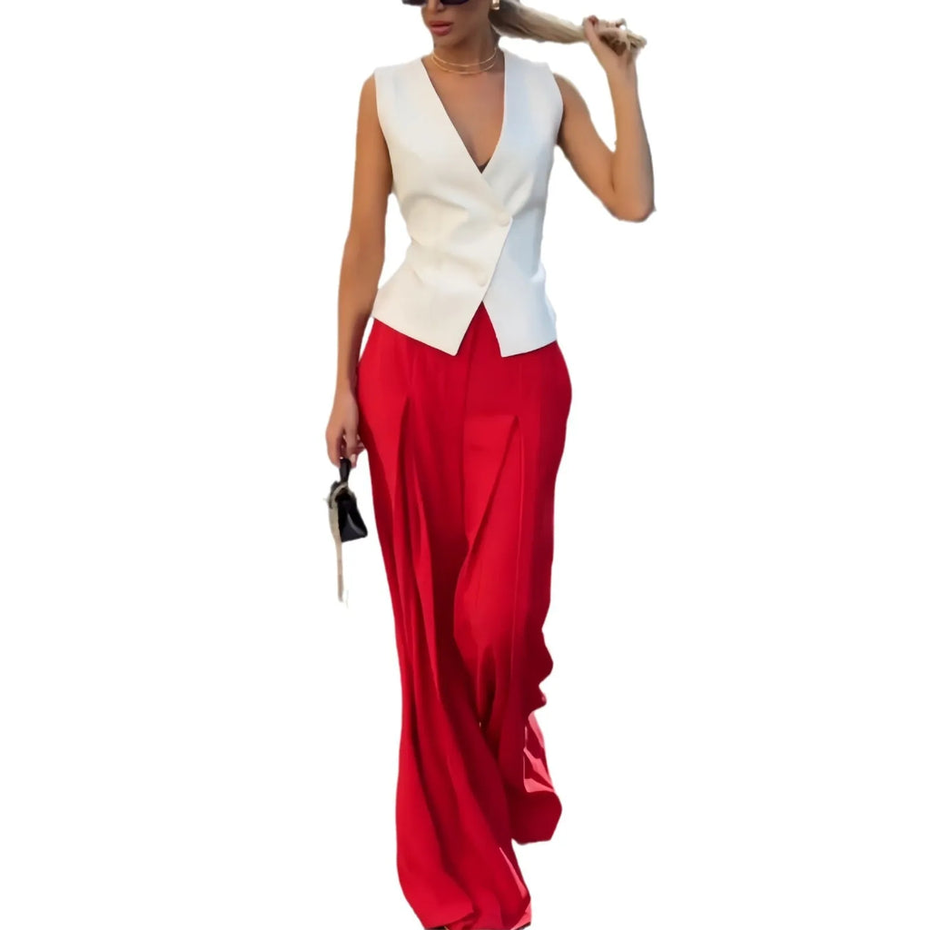 Women's beige polyester two-piece set showing sleeveless V-neck top with high-waist wide-leg trousers