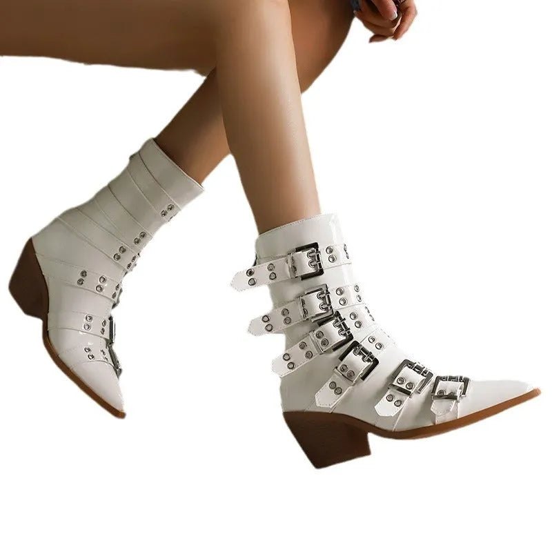 Women's pointed knight boots with belt buckle in black patent leather, side view, chunky heel, size up to 46