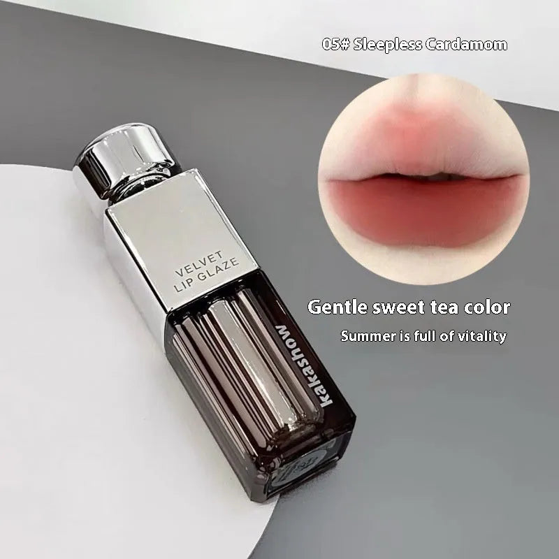 Kakashow Velvet Lip Paint matte lipstick tube in six colour options showing shades 01 to 06.