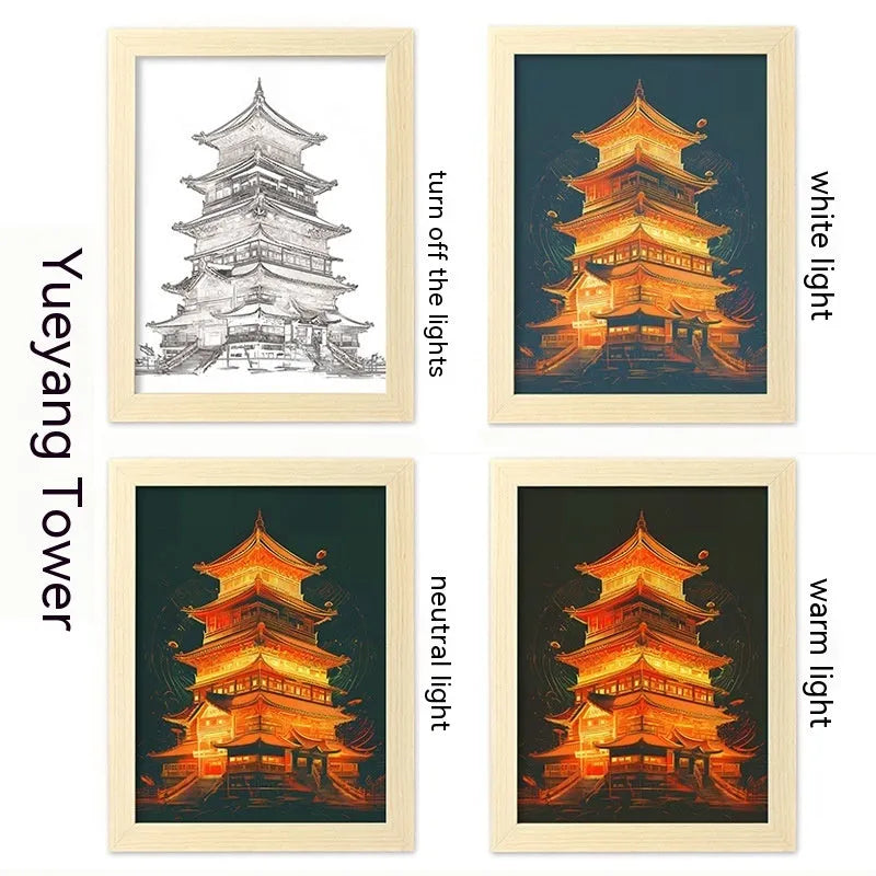 USB LED picture frame night lamp showing illuminated landscape artwork in modern plastic frame