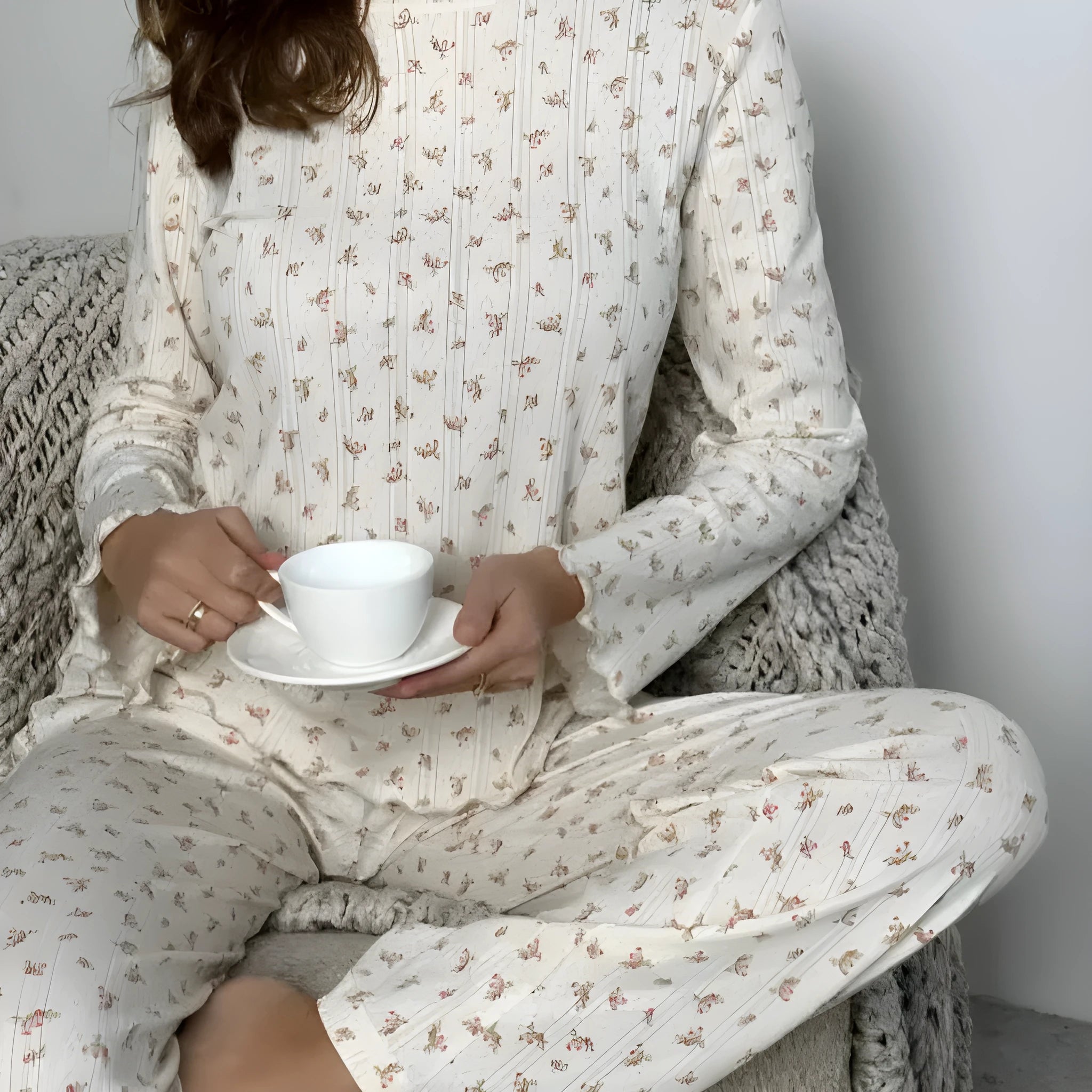 Women's white floral print matching set with bell sleeve top and wide leg trousers