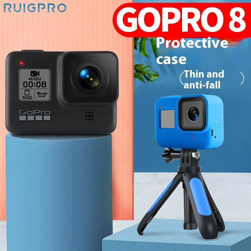 GoPro Hero8 Black protective silicone sleeve with neck lanyard and wrist strap accessories in blue colour