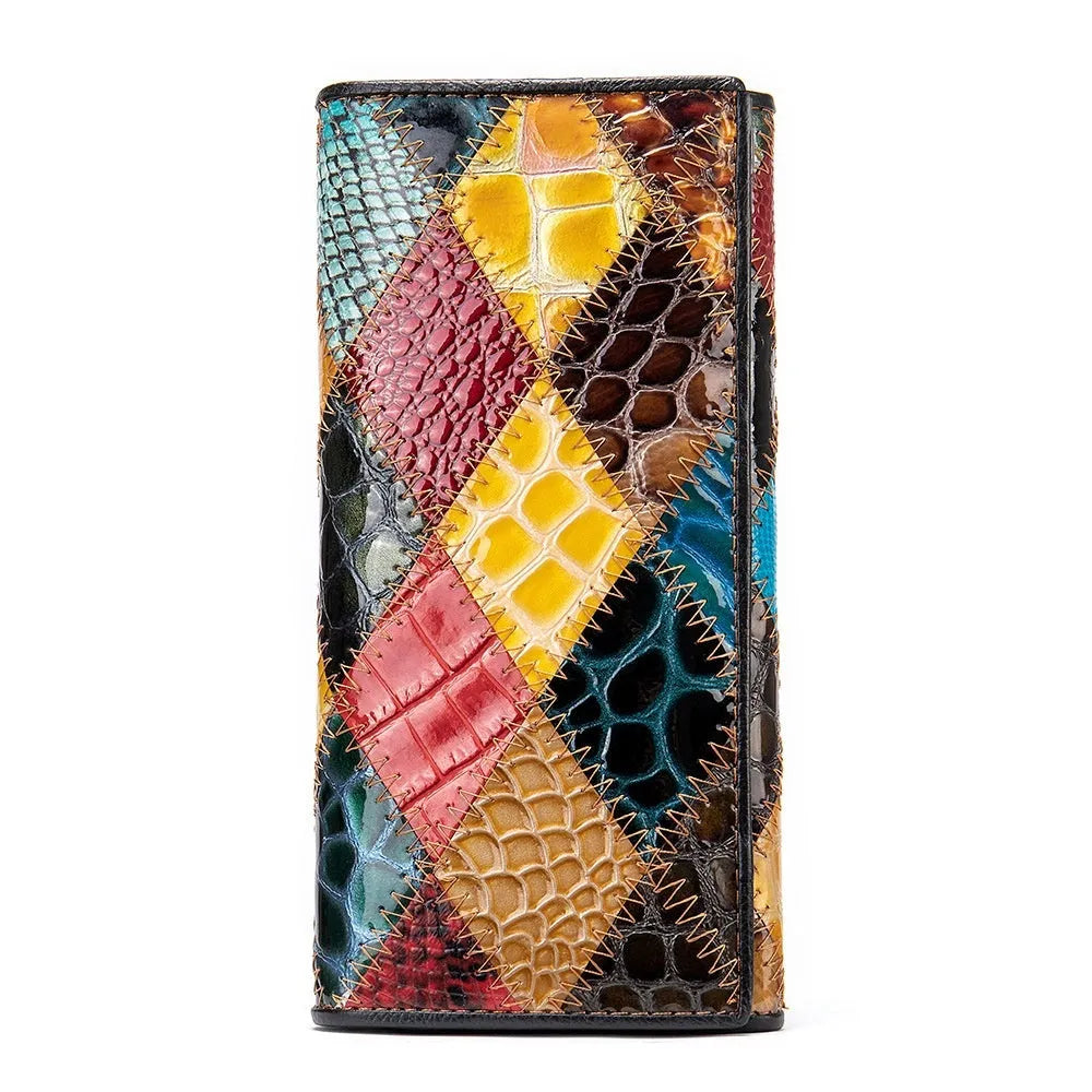 Women's genuine leather mid-length wallet with geometric stitching pattern, colour splicing, cowhide construction, street trend style