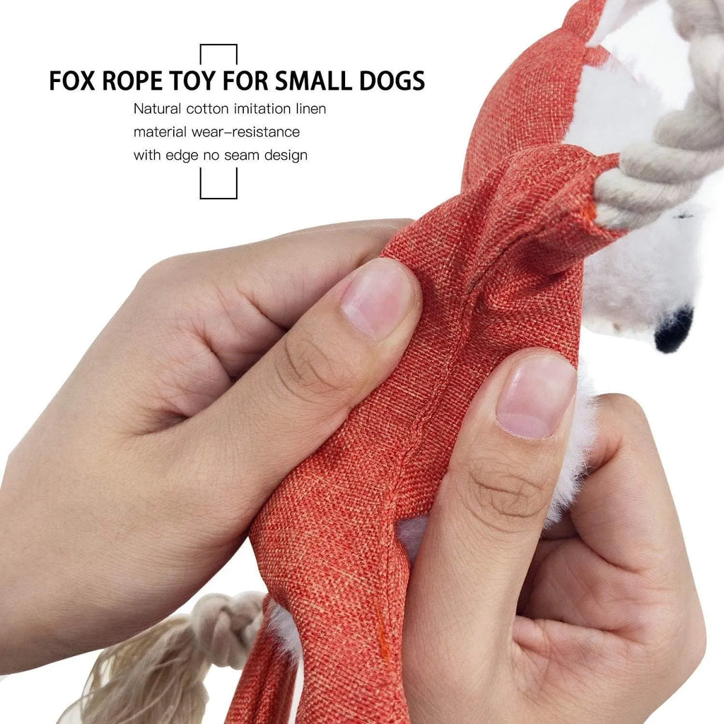 Brown plush fox dog toy with embroidered eyes, cotton rope arms and legs with knots.