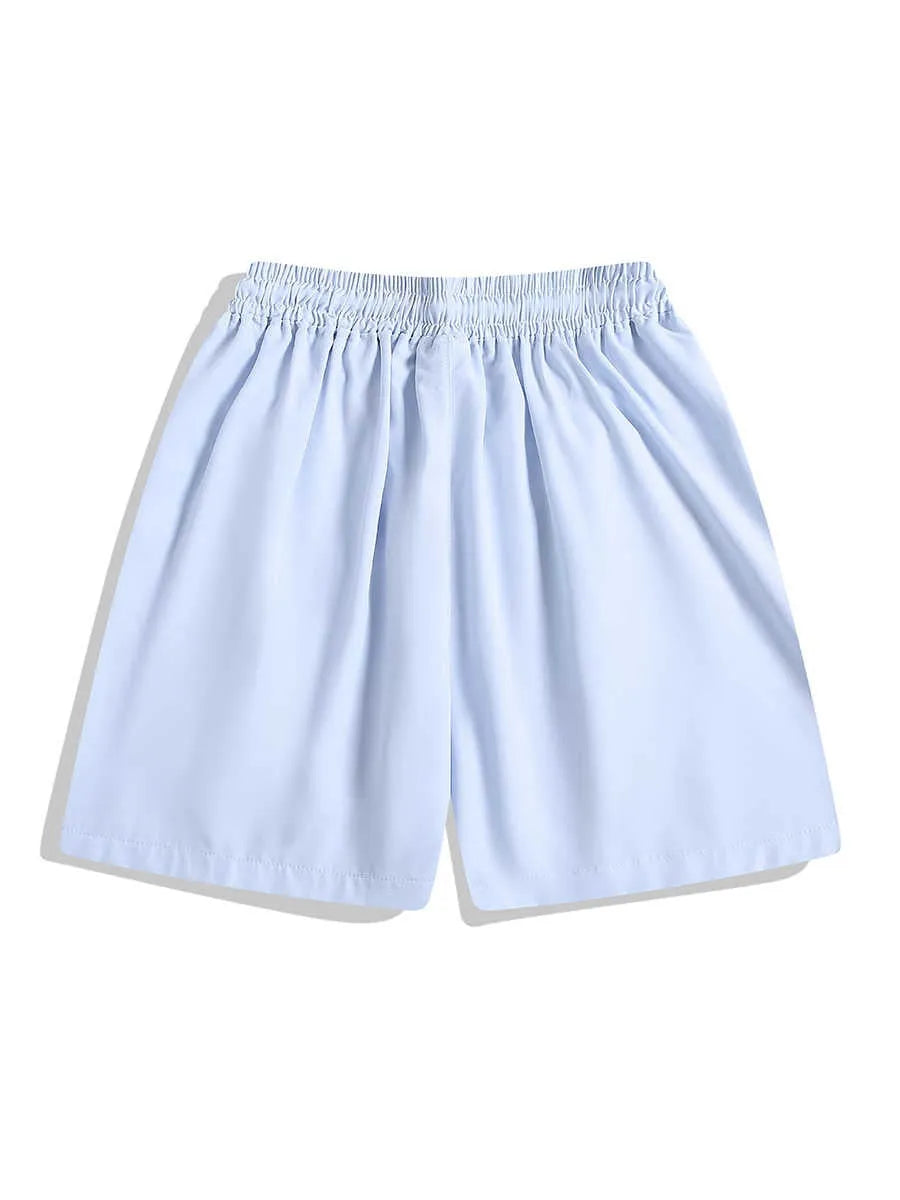 Black and grey loose-fit quick-drying sports shorts with elastic waistband above knee length