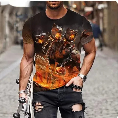 Men's black T-shirt with a large, fierce 3D lion head print on the front