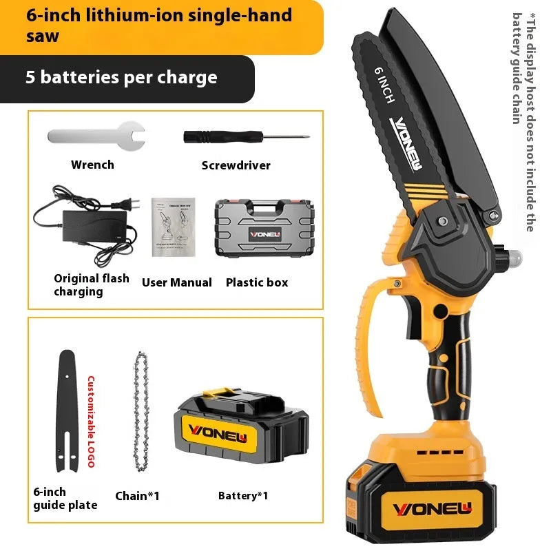 6-inch handheld household mini chainsaw with rechargeable lithium battery for garden pruning and wood cutting