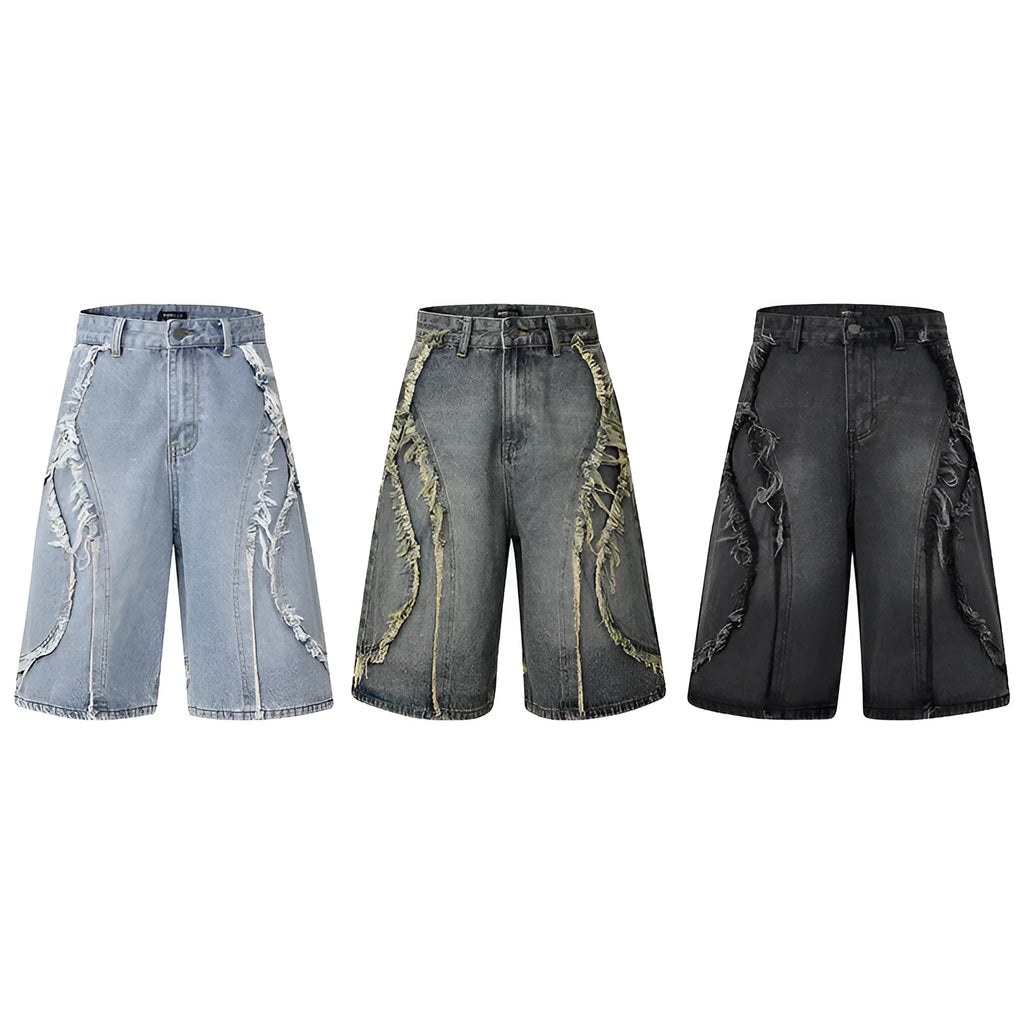 American Pu Shuai distressed denim shorts in straight cut hip hop style with raw edge finish