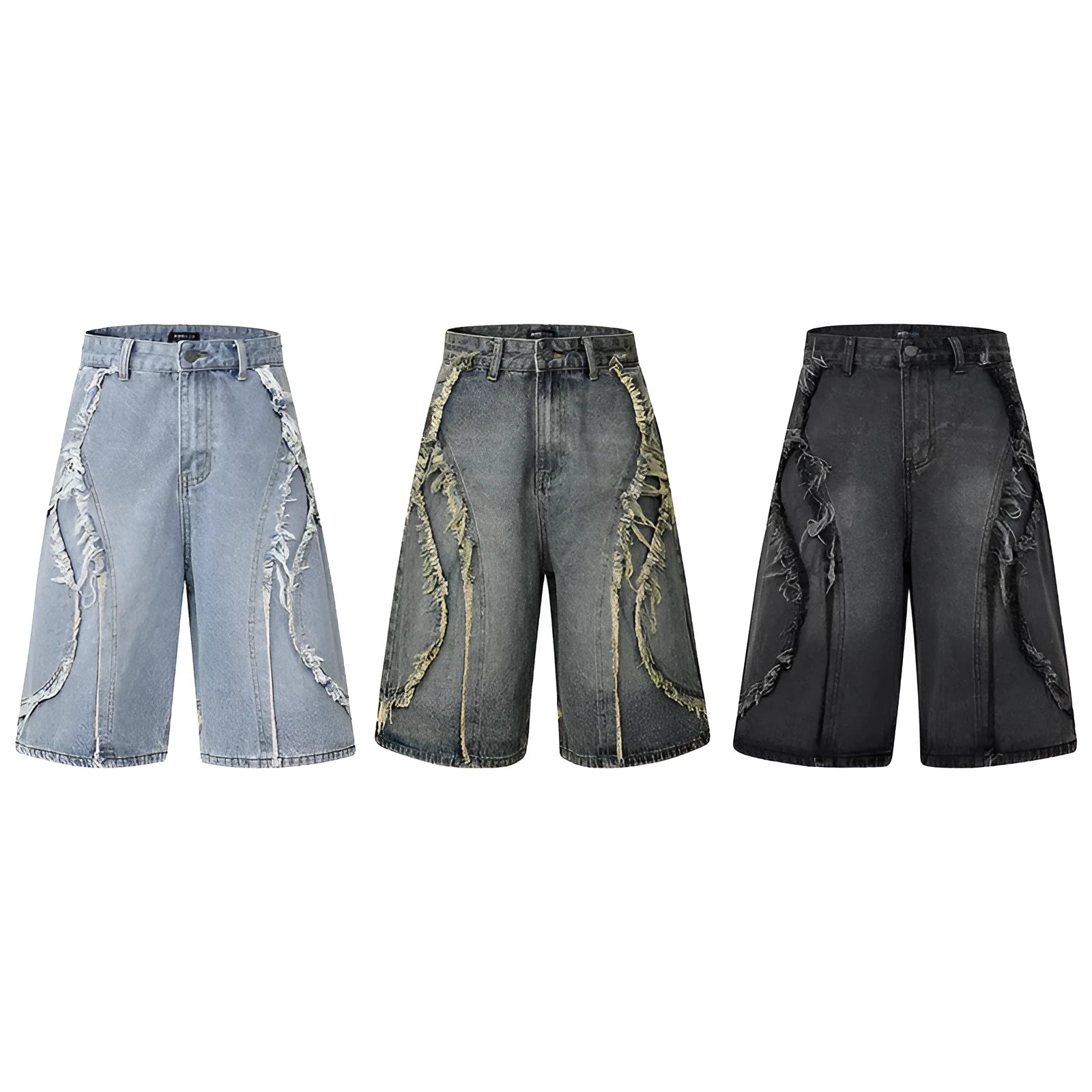American Pu Shuai distressed denim shorts in straight cut hip hop style with raw edge finish