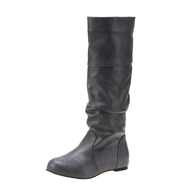 Women's black flat heel long slip-on boots with a round toe and high cylinder length.