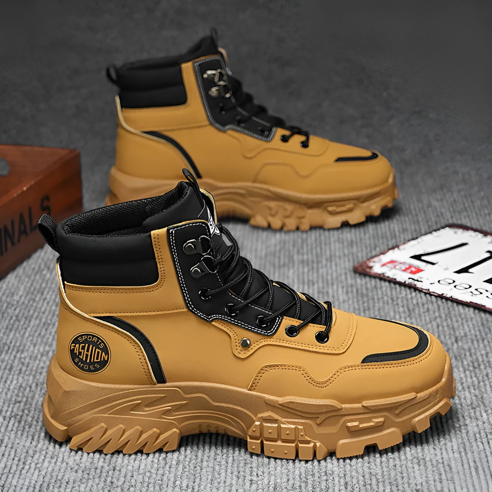 Men's black and yellow Martin boots with a mid-heel and high-top calf length.