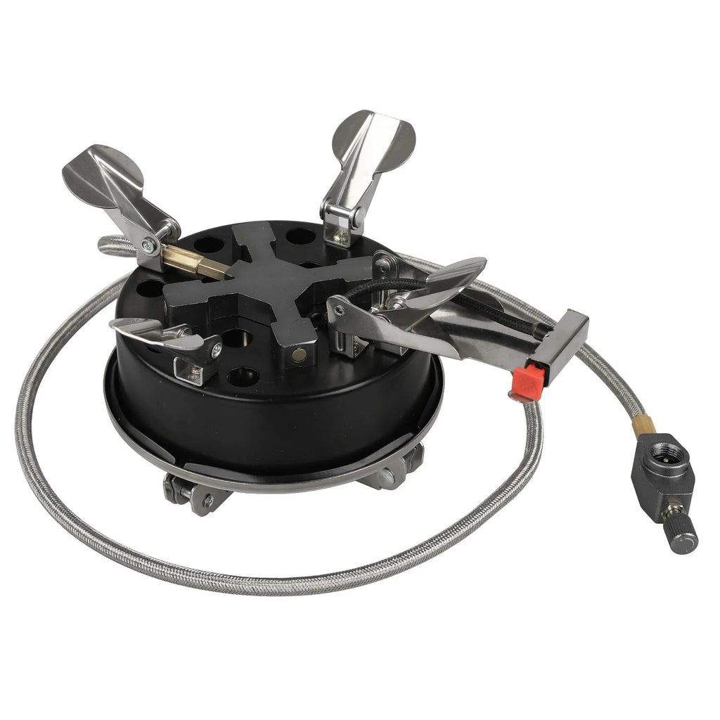 Silver portable split camping stove with stainless steel and copper construction, shown with 100cm hose.