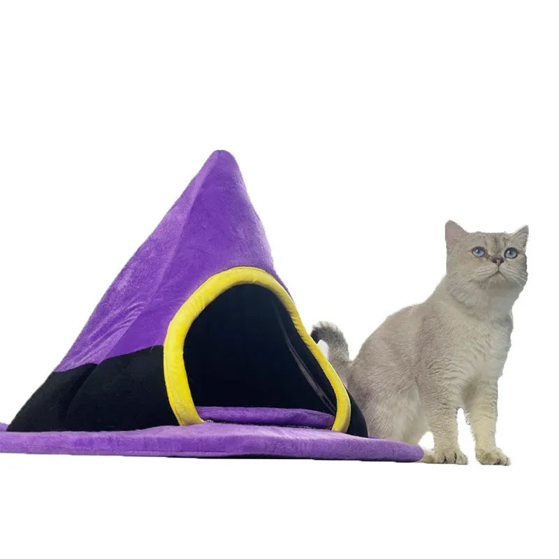 Purple cloth Halloween witch hat shaped cat nest measuring 60x45cm