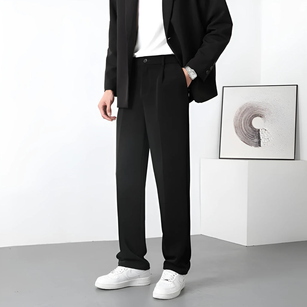 Men's fleece-lined casual trousers in solid colour, mid waist with zipper fly, Ice Silk fabric
