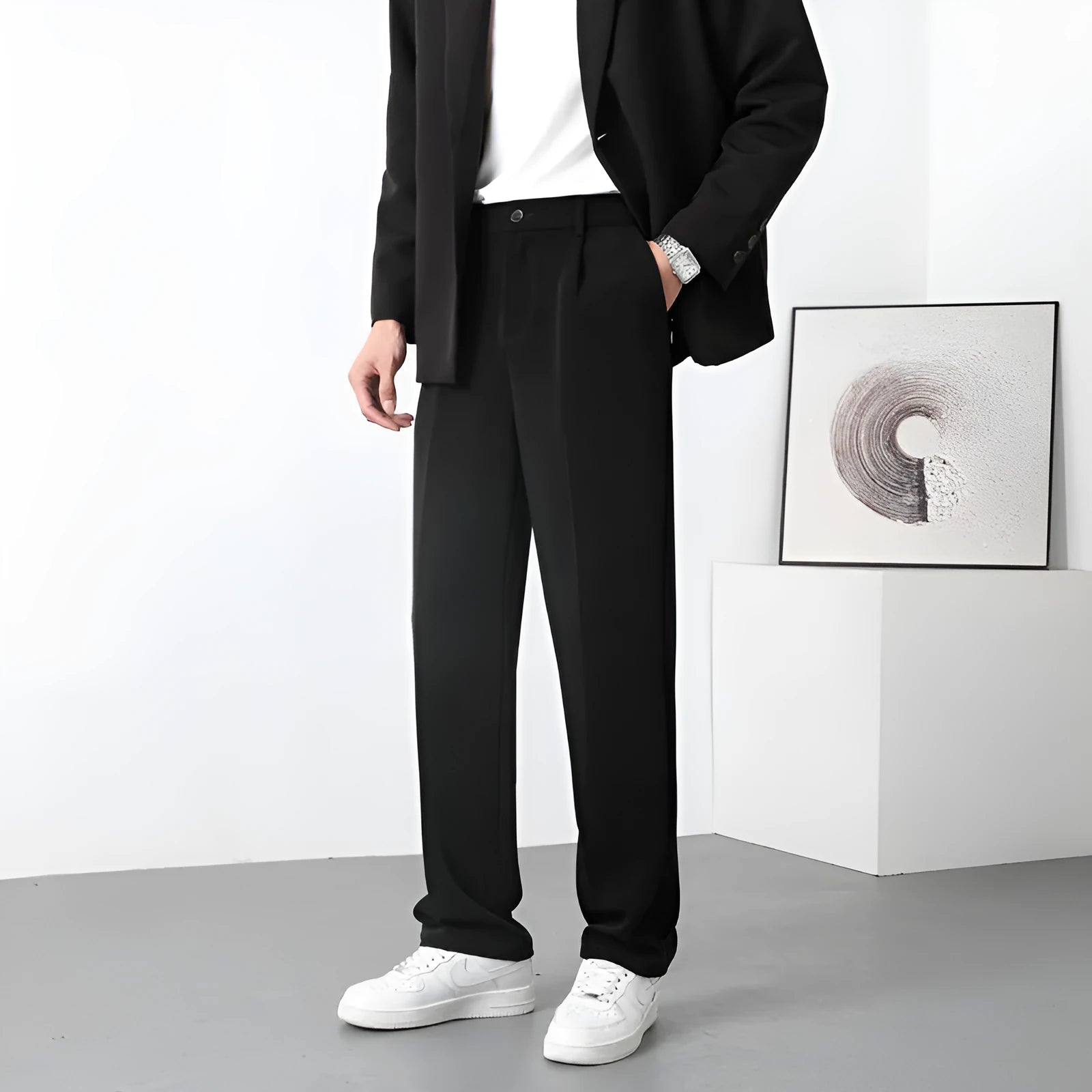 Men's fleece-lined casual trousers in solid colour, mid waist with zipper fly, Ice Silk fabric