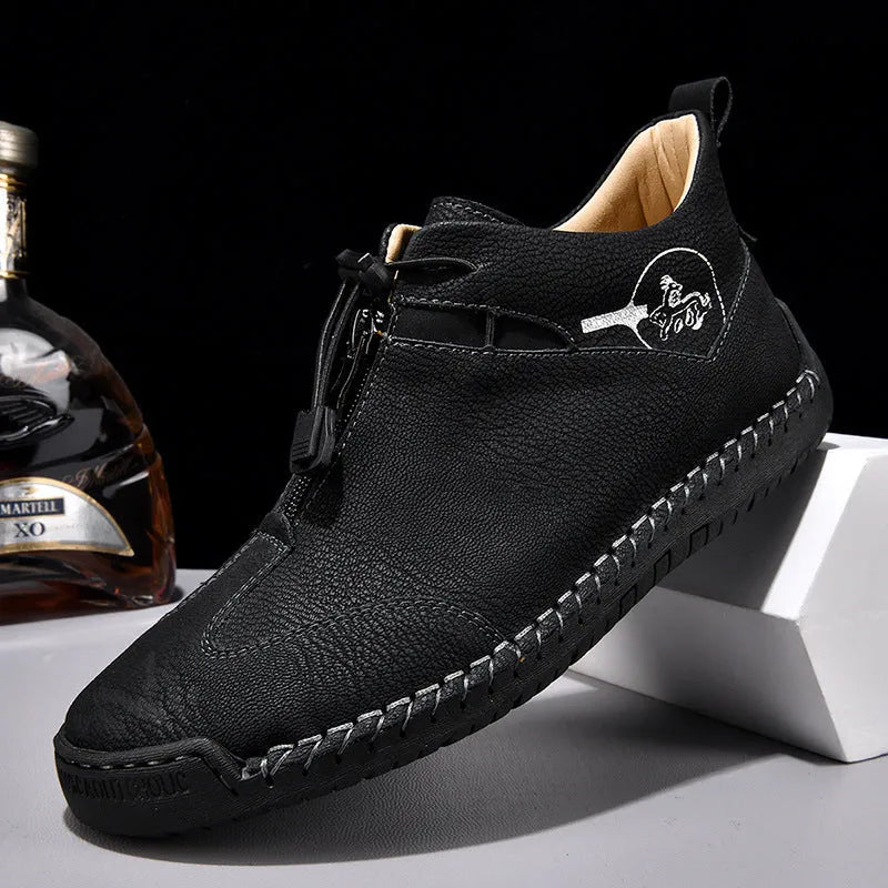 Men's casual leather shoes with mid-heel height increase in black blue green and khaki colors