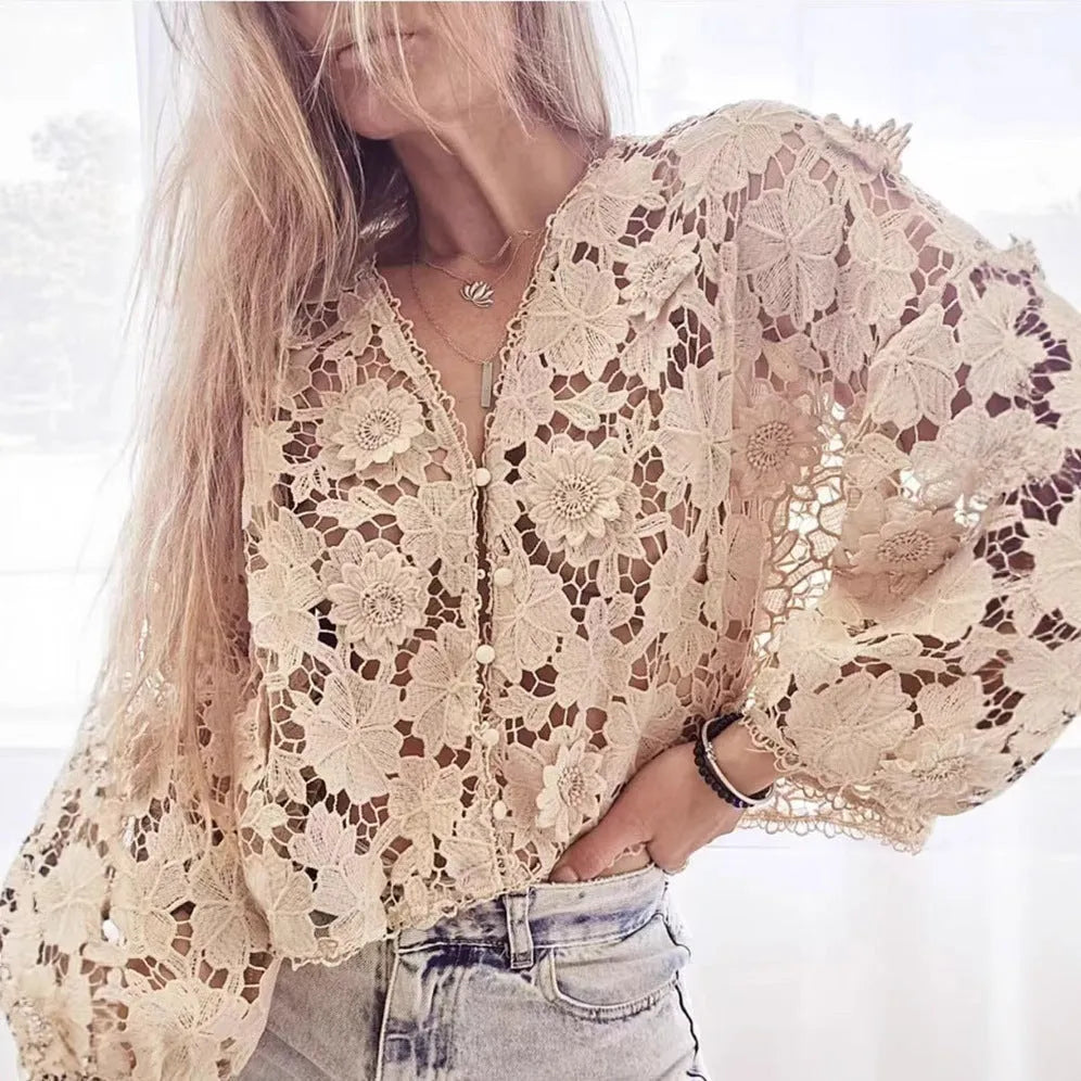 Women's loose fit polyester lace cardigan with V-neck and three-dimensional lace flower decoration.