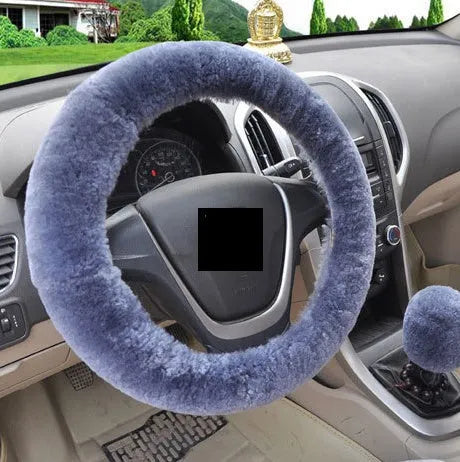 Winter wool plush steering wheel cover in 38cm diameter three-piece set with elastic band option, available in multiple colours including beige, black, and brown