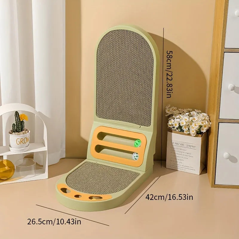 L-shaped vertical cat scratching board in green colour on a wooden floor