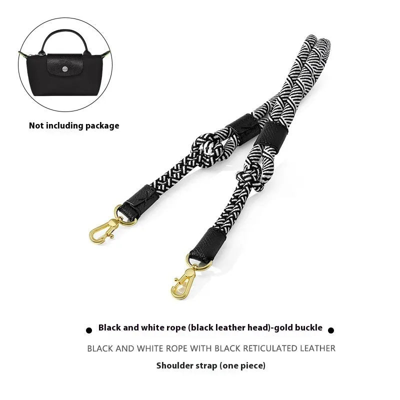 Braided nylon and cowhide leather crossbody strap with alloy buckle in gold or silver finish