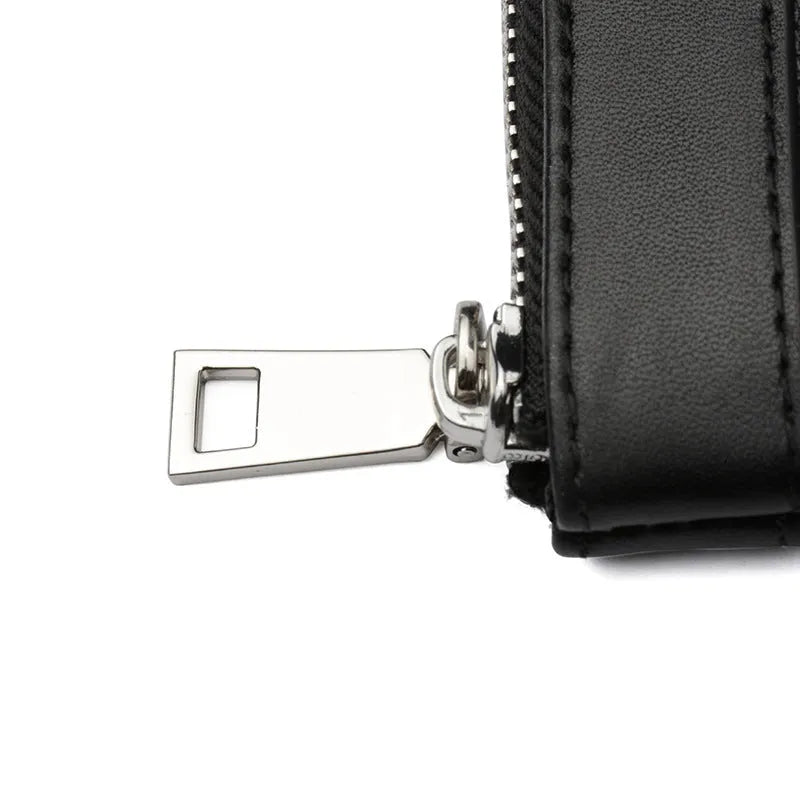 Black men's leather clutch wallet showing first layer cowhide construction and 20x10cm dimensions