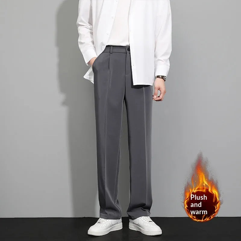 Men's fleece-lined casual trousers in solid colour, mid waist with zipper fly, Ice Silk fabric