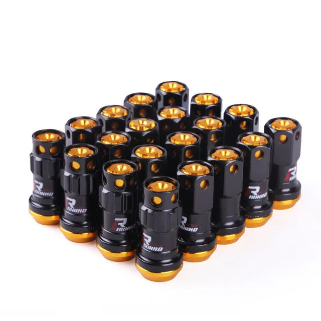 Set of aluminium alloy universal wheel hub nuts in various two-tone colours including black gold and red.