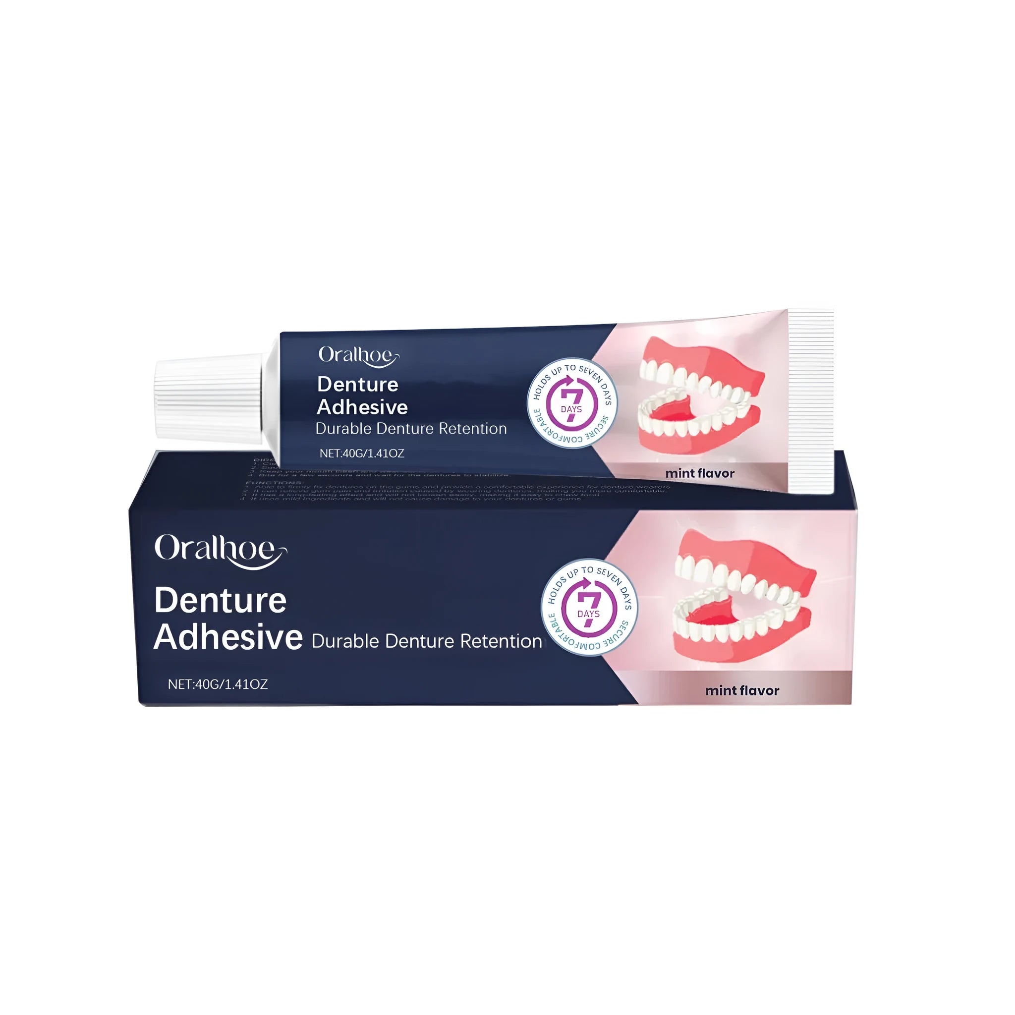 40g tube of menthol denture fixing adhesive cream with ingredients listed