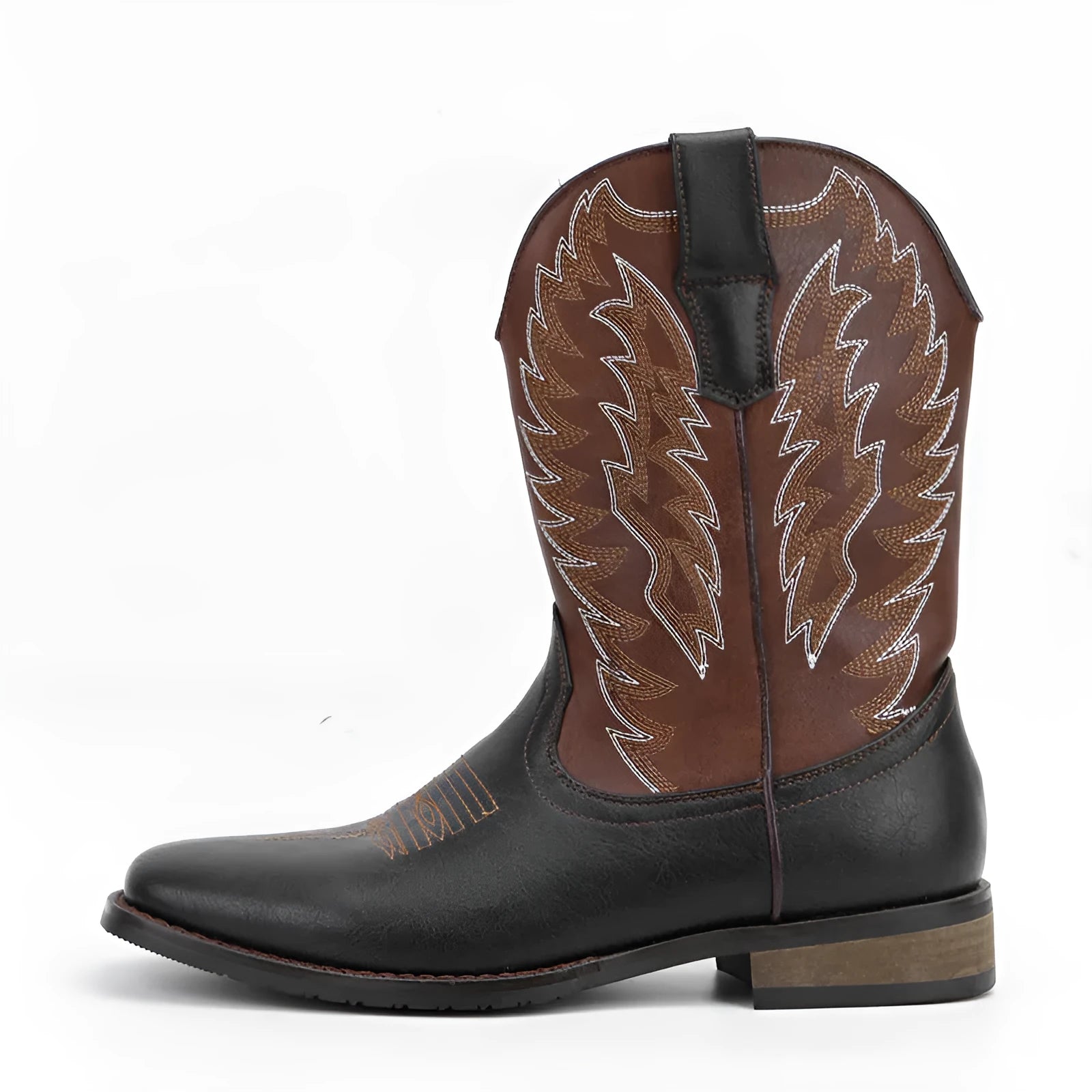 Men's black square toe motorcycle boots with embroidery details and wedge heel